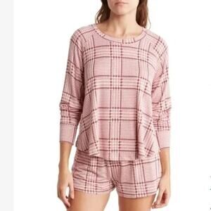 2/$30 Honeydew Gingham Plaid Long Sleeve Lounge Shirt Rose Burgundy S A0498 TRB3